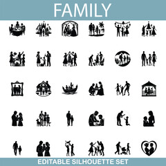 Editable Family Silhouette Set Diverse Poses, Events, and Bonds