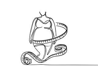 Single continuous line drawing obese woman wrapped in measuring tape. Self-awareness. It's already gone way beyond limit. Back to healthy living. World Obesity Day. One line design vector illustration