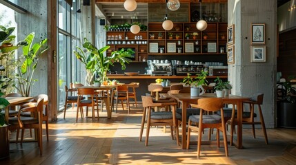 Cozy modern caf&eacute; interior with wooden furniture, plants, and a coffee bar in the background