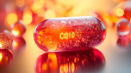 Bright red-orange CoQ10 softgel capsules, glowing with vibrant beads inside, representing health, energy, and vitality supplements.