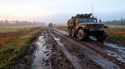 Convoy Traversing Ruined Landscape in Mist