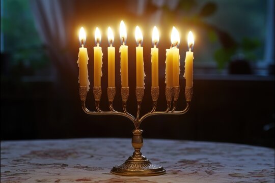 A traditional white candelabra with lit golden candles, set as a centerpiece on a table. Symbol of festive celebration and religious observance for Christmas or Hanukkah.