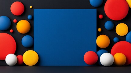 Colorful Abstract Background: A vibrant composition featuring a navy blue square framed by colorful spheres in red, yellow, blue and white against a dark backdrop.