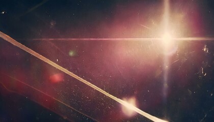 Vintage retro photo overlay with dramatic lens optical flares, glowing glare effects, and subtle grunge textures, realistic scratches and dust particles, film noise and grain, bold red tint, abstract 