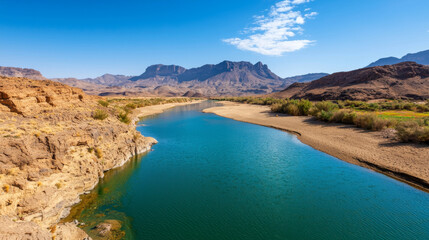 Fototapeta premium serene river flows through desert landscape with mountains in background, showcasing nature beauty