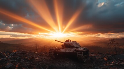 Rays of Sunlight Breaking Through Clouds Over Tank Wreckage