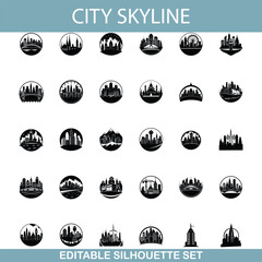 Editable City Skyline Silhouette Set Vector Icons, Urban Landscapes