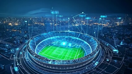 A futuristic stadium surrounded by a digital cityscape, showcasing technology and innovation. - Powered by Adobe