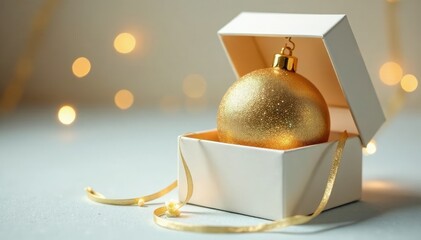 Sparkling golden Christmas ball in luxurious open box, decoration, white, elegant