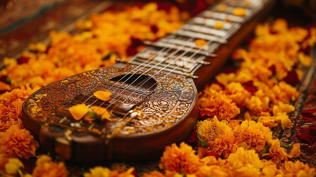 Ornate Indian Mohan Veena Surrounded by Marigold Petals