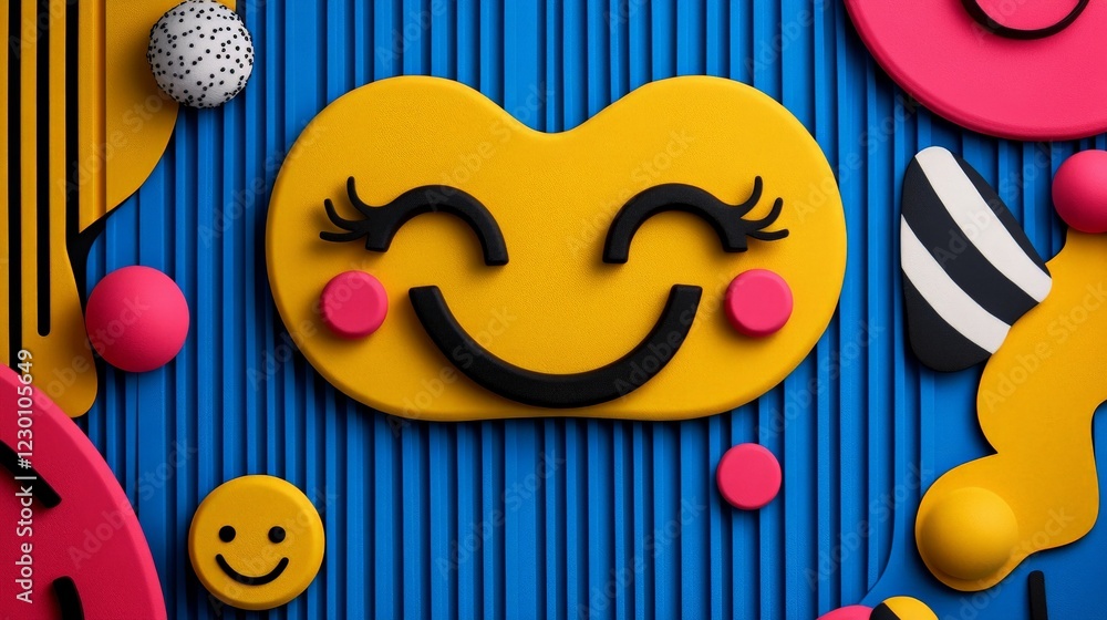 Poster smiling face joyful expression: a cheerful, 3d-rendered smiley face with long eyelashes and rosy che