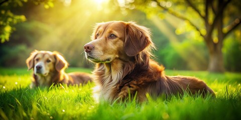 Double Exposure: Happy Dogs Resting on Sunny Green Grass - Stock Photo