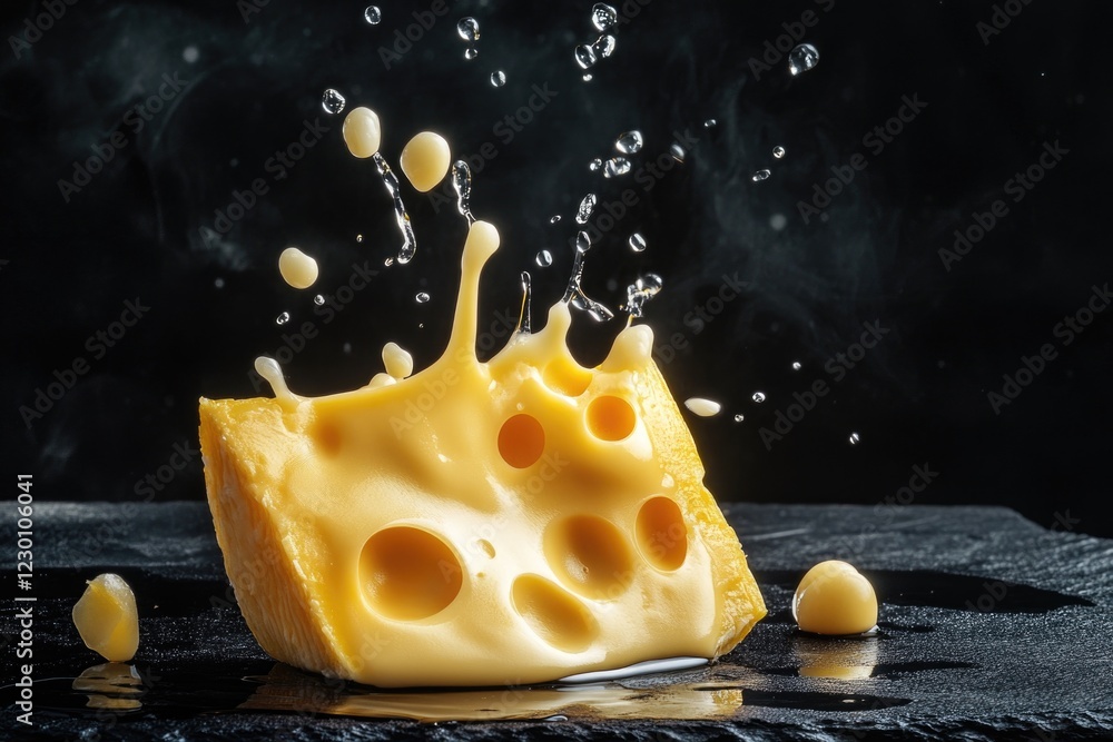 Aufkleber melted cheese splashed on a black surface creating a creamy and colorful scene.