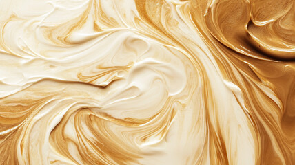 Obraz premium Swirling cream and caramel mixture creating a smooth, abstract pattern, perfect for culinary designs