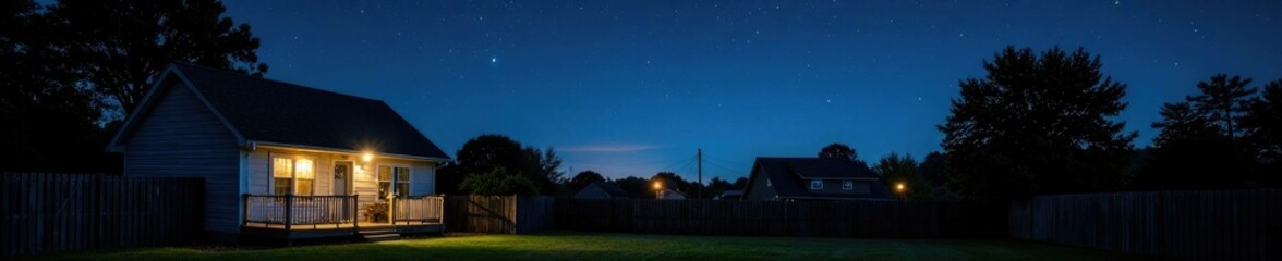 Suburban backyard with clear starry night sky and minimal streetlights, starry night, nighttime