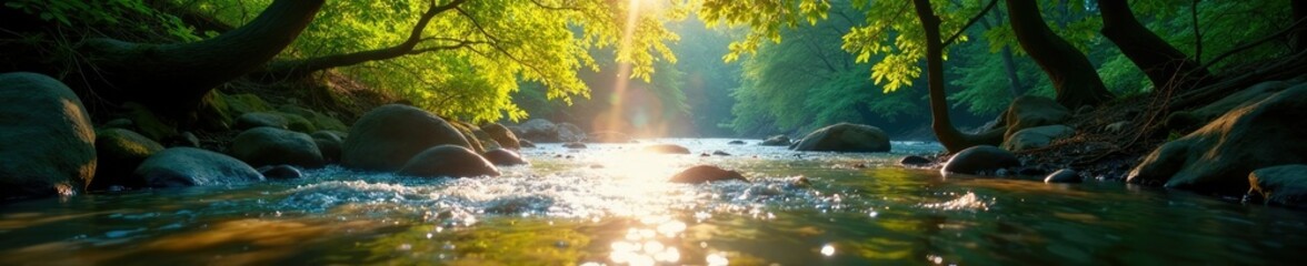 Sunlight filtering through leaves above a fast-flowing river, river, branches