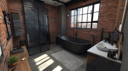 A modern industrial-style bathroom with a matte black bath, exposed brick walls, and a sleek shower.
