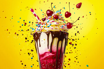 Explosive Milkshake Burst with Swirls of Chocolate, Vanilla, and Strawberry on Yellow Background