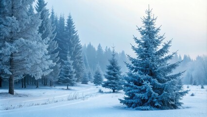 Sparkling blue snow-covered trees in a winter forest, blooming snow, icy landscape, blue sky backdrop