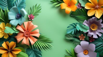 Naklejka premium Bright paper flowers on a green background with free space. A holiday greeting card.