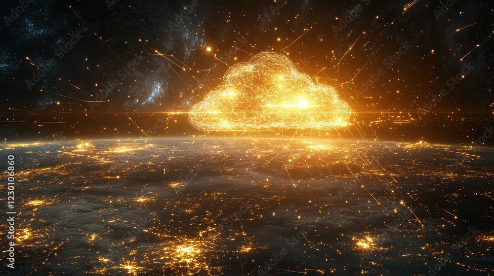 Wall mural glowing cloud symbol floating above global map in cosmic space