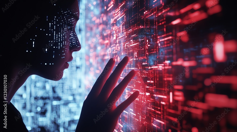 Poster human ai touch digital data on visual screen. document management concept.