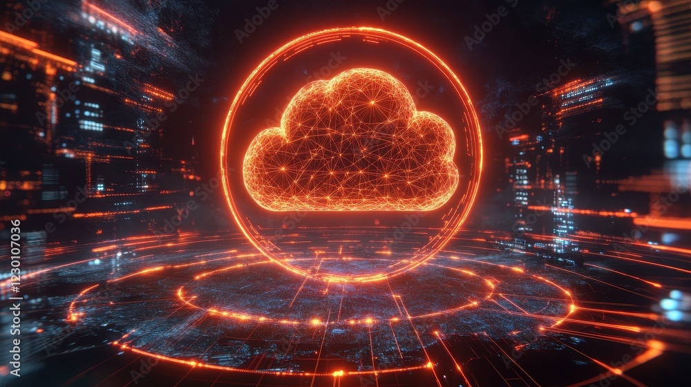 Wall mural glowing cloud symbol above global map in digital space