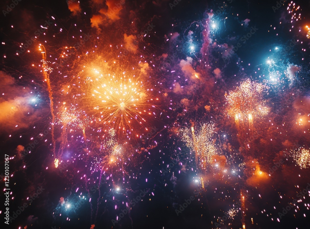 Poster vibrant and colorful fireworks display lighting up the night sky with sparkling explosions and glowi