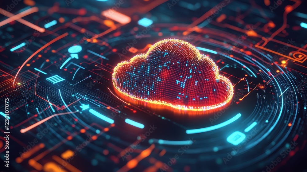Wall mural glowing digital cloud with data transfer arrows and network elements