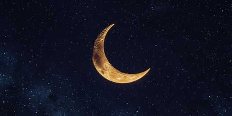 Naklejka premium A large, golden crescent moon with a star-filled night sky as its backdrop.
