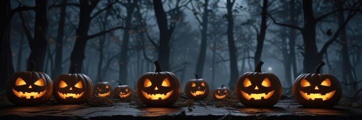 Spooky forest with Halloween pumpkins on wood at night, night, orange