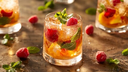 Refreshing Berry Mint Cocktail Over Ice in Elegant Glassware