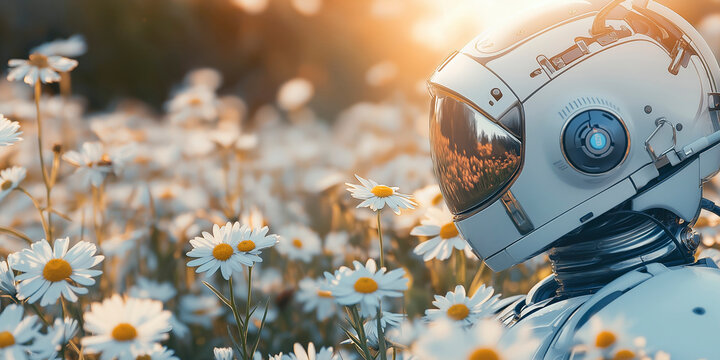 Astronaut explores a vibrant field of daisies during a serene sunset in a surreal blend of nature and space exploration. Generative AI - Powered by Adobe