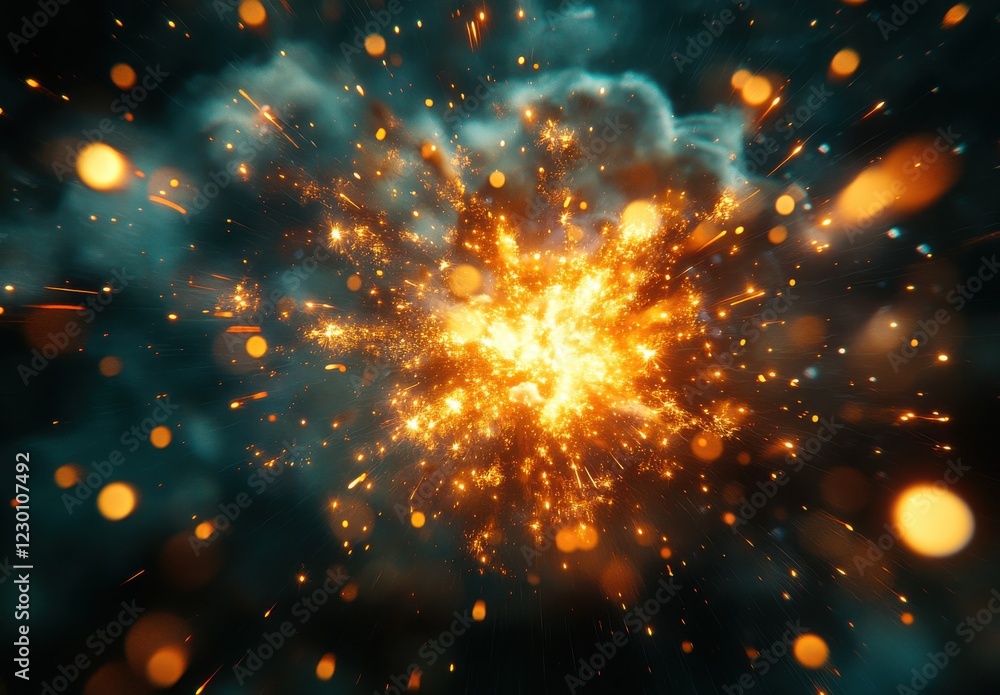 Poster vibrant and dynamic explosion with fiery sparks and shimmering particles against a dark background i