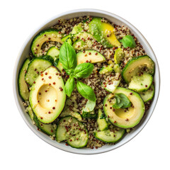 A vibrant and healthy quinoa salad featuring sliced avocado, cucumber, and fresh basil leaves in a white bowl.