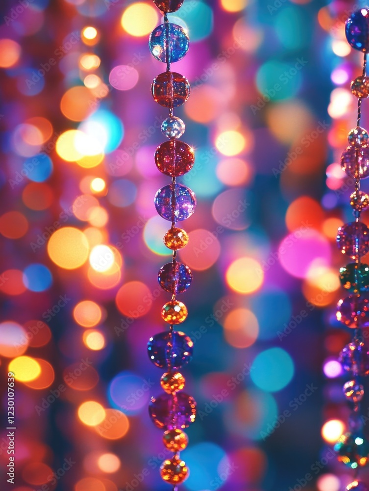 Poster A close-up view of multicolored shimmering beads hanging from a string, creating a bokeh effect.