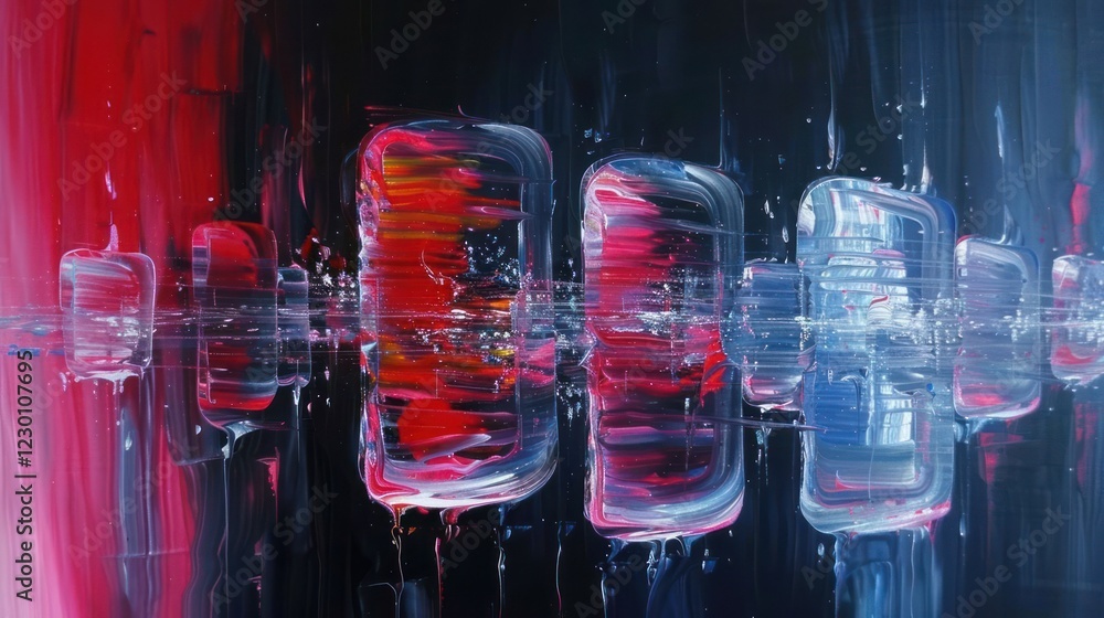 Poster abstract painting of colorful shapes reflecting in a serene environment with dynamic brush strokes