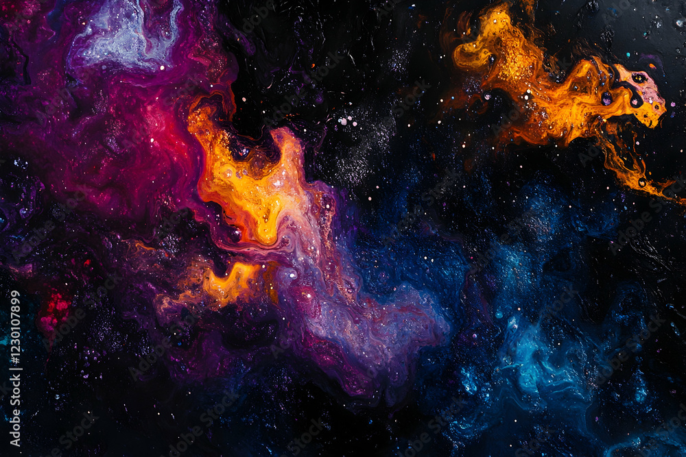 Poster a vibrant explosion of colors, resembling an exploding nebula in space, swirls and flows across the 