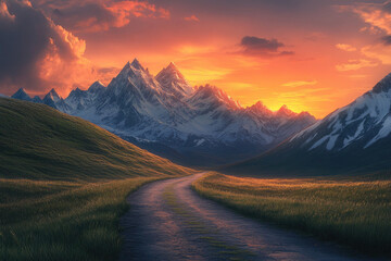 Scenic Road to Snow-Capped Mountains at Sunset - Vibrant Landscape