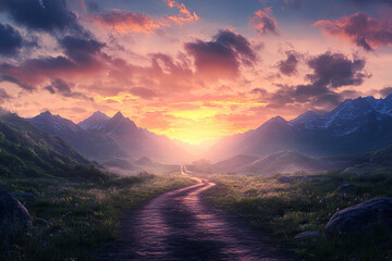 Scenic Road to Snow-Capped Mountains at Sunset - Vibrant Landscape
