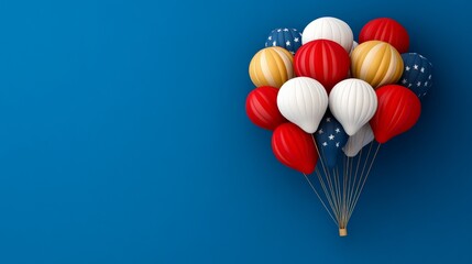 Obraz premium Patriotic Balloons on Blue: A cluster of red, white, and blue balloons floats against a vibrant blue background, creating a festive and celebratory atmosphere.