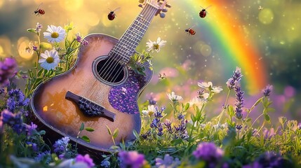 Acoustic Guitar in a Rainbow Meadow A Serene Musical Landscape