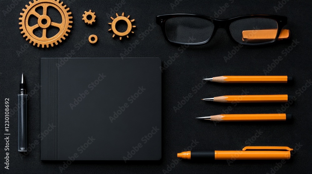 Poster dark academia desk setup: flatlay showcasing a minimalist workspace with a black notebook, orange pe