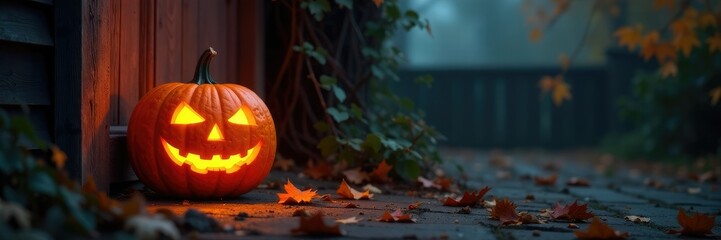 A glowing jack o lantern sits on a worn wooden door as darkness falls around it, autumn, decorations