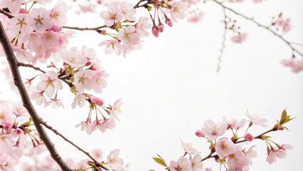 Pastel pink cherry blossom branches surround a minimalist white background, pastel pink flowers, delicate arrangement, blooming flowers