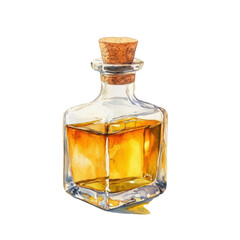 The image depicts a watercolor painting of a square glass bottle with a cork stopper filled with a golden amber liquid.