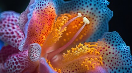 Vibrant orchid close-up, detailed texture, dark background, nature photography, ideal for botanical prints