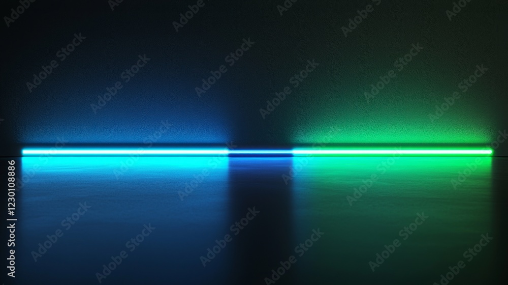 Poster A mesmerizing gradient of neon blue and green light gently glows in a serene atmosphere, creating a unique artistic space that evokes feelings of calm and inspiration as evening approaches