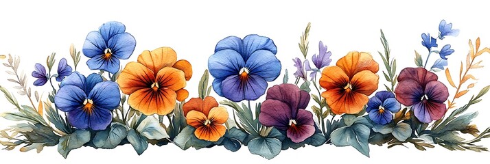 Vibrant Watercolor Pansies with Multicolored Blooms and Greenery
