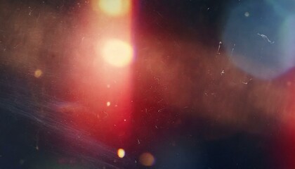 Vintage retro photo overlay with dramatic lens optical flares, glowing glare effects, and subtle grunge textures, realistic scratches and dust particles, film noise and grain, bold red tint, abstract 